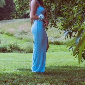 Blue gold bedazzled net prom dress